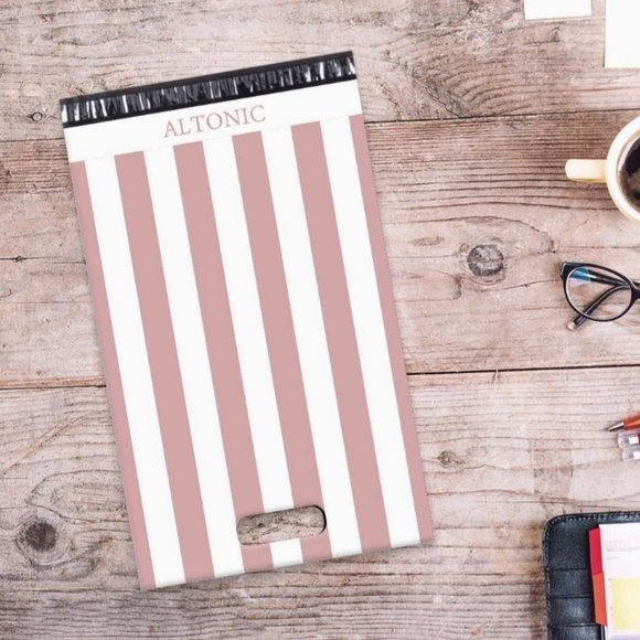 12 Pink and White Stripes Designer Poly Mailer Bags with Handle - Picture 8 of 10